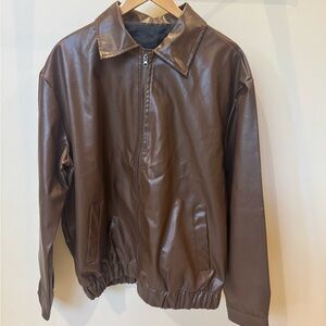 Brown Faux Leather Zip-Front Women’s Jacket